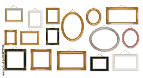 Collection of golden and white ornate picture frames in various shapes and sizes