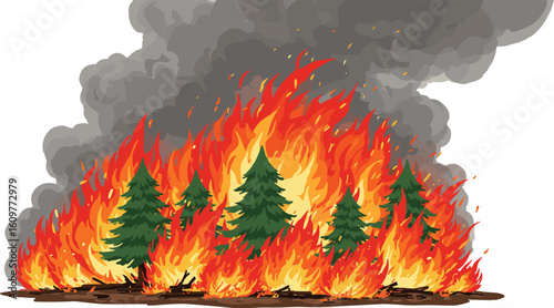 Devastating forest fire with massive flames and thick smoke, natural disaster, environmental impact, climate change consequence, wilderness destruction, urgent ecological crisis.