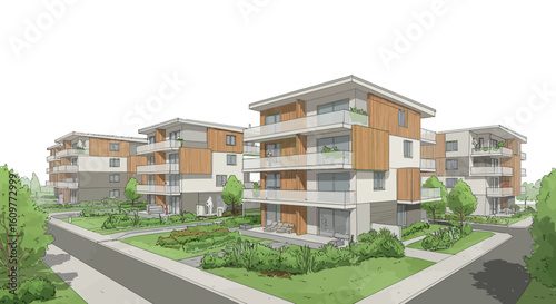 Modern apartment complex with green landscaping in urban neighborhood