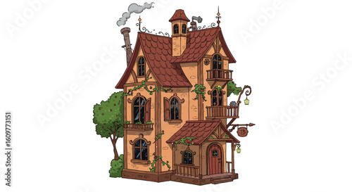 Charming fantasy cottage with ivy and chimney