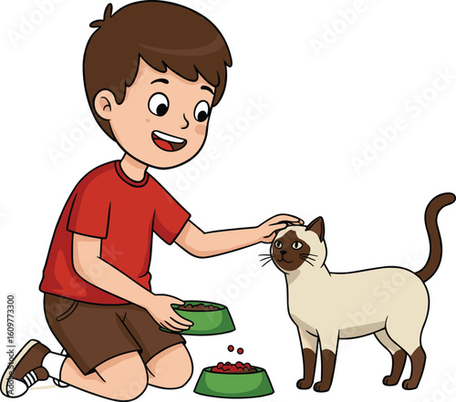 Happy young boy feeding and petting his Siamese cat, caring for pets, animal companionship, childhood responsibility, domestic animal care, loving bond between child and feline.