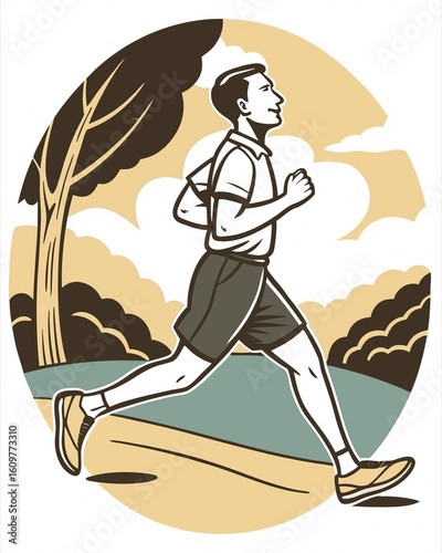 A man running outdoors on a path for cardiovascular exercise and wellness. Vintage style illustration of a jogger in a park for a healthy lifestyle.