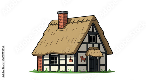Charming cartoon cottage with thatched roof and brick chimney in pastoral setting