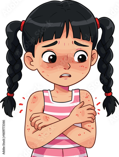 Upset little girl with red skin rash, feeling itchy and uncomfortable, allergic reaction or skin irritation, childhood health issue, common dermatological condition, medical illustration.