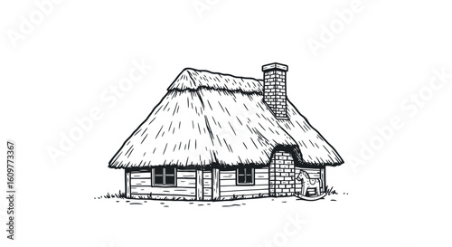 Rustic thatched cottage with chimney and wooden walls in vintage style