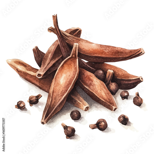A hand-drawn illustration painting of a cloves set in soft watercolor style, featuring delicate brush strokes, isolated on a white background, artistic, painted design, EPS format