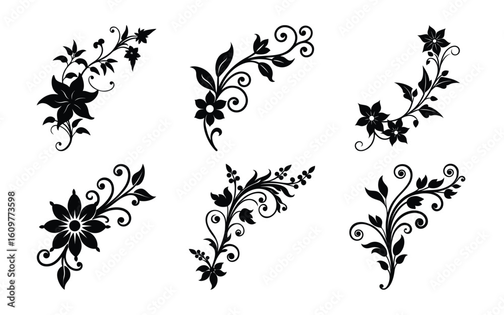 Fototapeta premium Floral Corner Design Elements Set in Black Silhouette Style