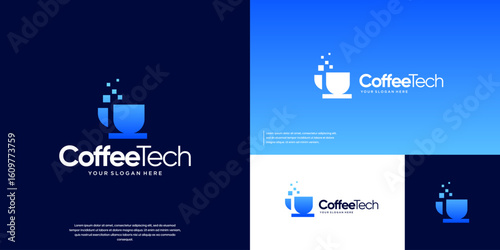 Coffee cup logo with hot steam in pixel form, digital technology innovation, graphic design template.