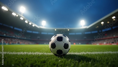 Soccer Ball on Stadium Pitch under Floodlights – Night Game Atmosphere