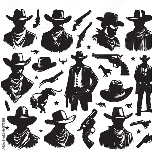 
Silhouette of a Cowboy on Horseback at Sunset

Western Cowboy Silhouette Against Dramatic Sky

Cowboy Riding Horse – Vintage Wild West Silhouette

Lone Cowboy Silhouette with Hat and Lasso

