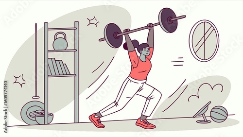 Strong athletic woman lifting a heavy barbell overhead. A concept of weightlifting and strength training in a modern home gym illustration.