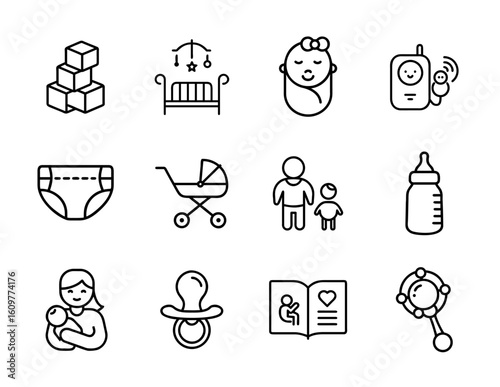 Children and parenting icon set with baby stroller, pacifier, toys, feeding bottle, and family care symbols - flat icon