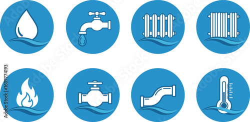 Water and heating icons: plumbing and temperature control set in flat design