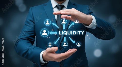 A businessman is holding a digital display of liquidity and people in his hands