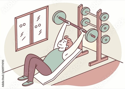 An athletic man performs an incline bench press with a barbell in a home gym setting. Conceptual illustration of strength training and personal fitness goals.