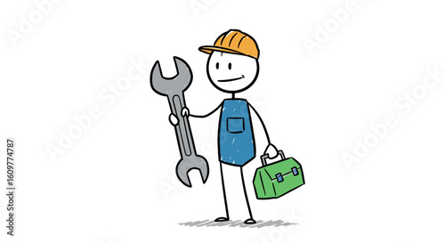 Stick figure holding wrench and toolbox with smiling face and hard hat