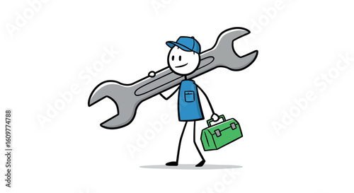 Handyman stick figure carrying wrench and toolbox in blue uniform