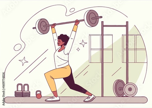 Determined Woman Lifts Barbell in Home Gym Fitness Goals and Strength Training, Achieving Health and Wellness