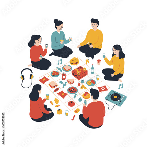 Friends enjoying a picnic with food drinks music and games