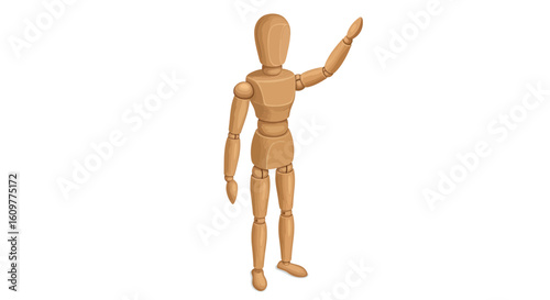 Realistic wooden artist mannequin posing on white background
