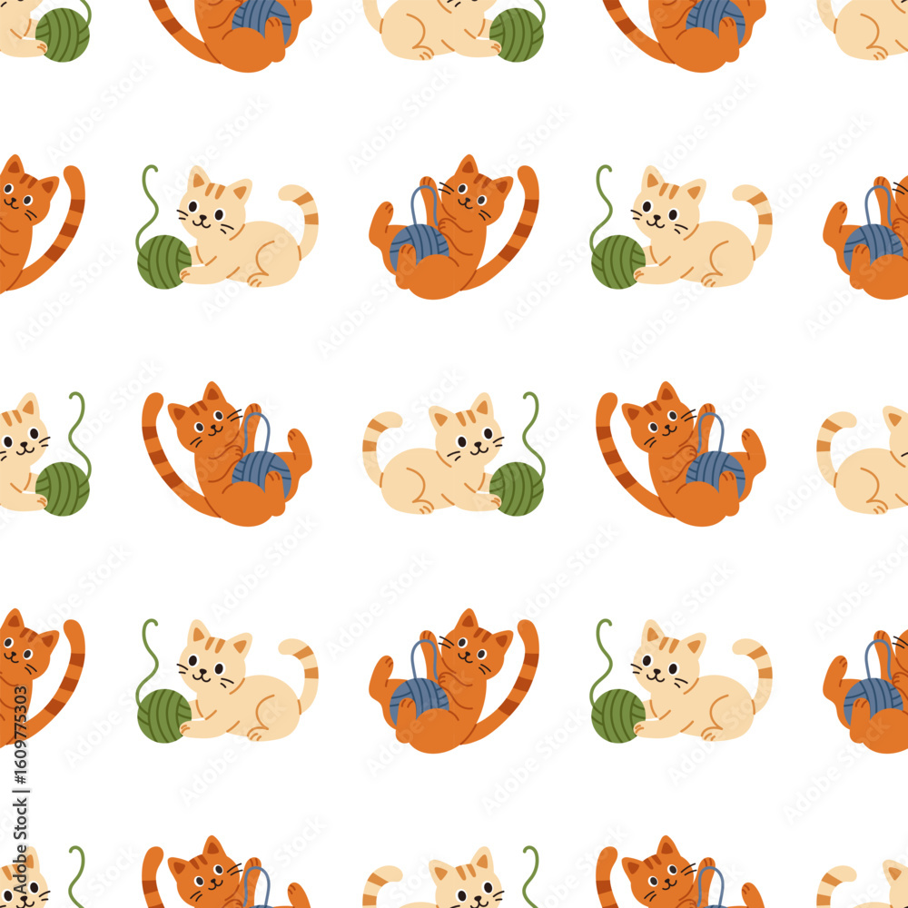 Obraz premium Vector seamless pattern with different cats playing with yarns. Cute cats with thread balls on white background. Seamless print with funny kittens.