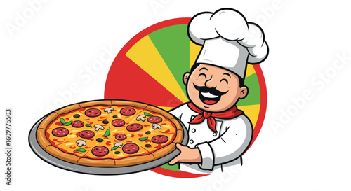 Cheerful chef presenting pizza with italian background