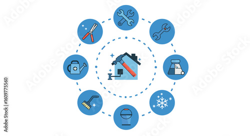 Home maintenance tools and services icon set with blue circular design