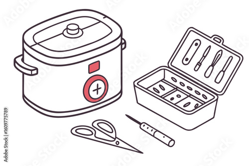 Isometric View of a Wax Warmer, Manicure Kit, Scissors, and Cuticle Pusher Set on a White Background