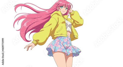 Anime girl with pink hair in yellow jacket and floral skirt on white background