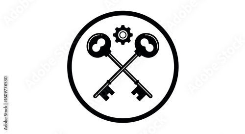 Vintage crossed keys with gear emblem in black silhouette design