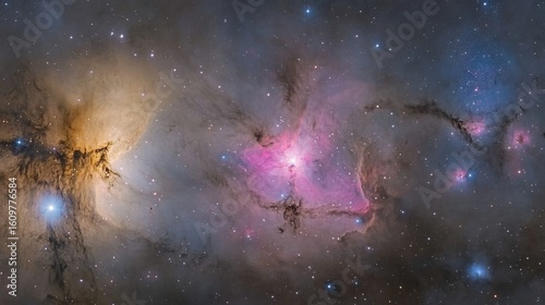 Celestial panorama with a radiant star cluster surrounded by swirling nebula clouds glistening in the colors of pink blue and gold creating an ethereal glow across the galaxy