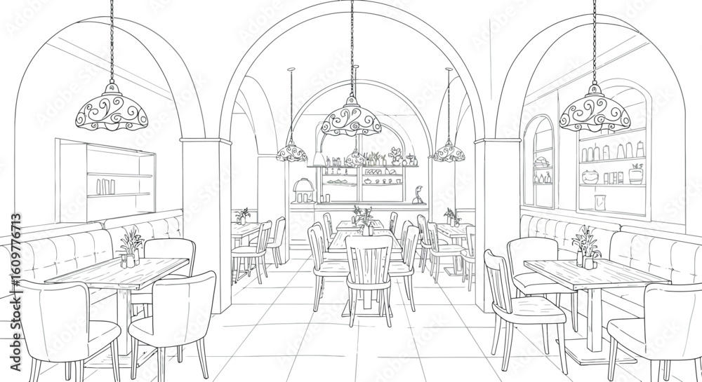 Naklejka premium Cozy cafe interior sketch with arched ceilings and elegant lighting