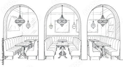 Cozy cafe interior sketch with vintage pendant lights and arched design
