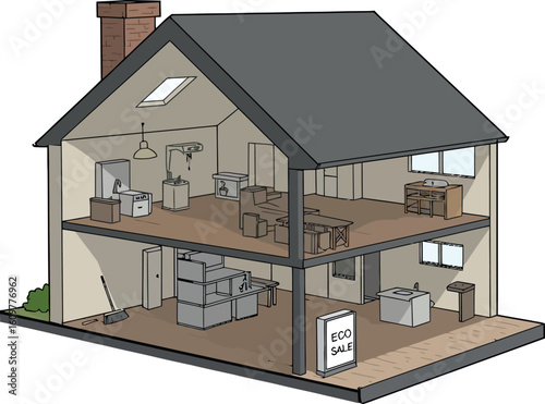 Modern eco-friendly house cross-section with sustainable interior design elements