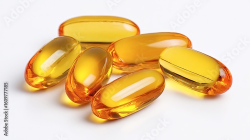A small pile of golden gel capsules gleam on a stark white background with beautiful reflections.