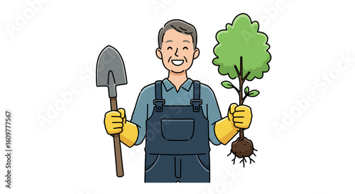 Gardener smiling with shovel and sapling in overalls hands on white background