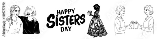 Happy sisters day vector set - Sisters celebrating together with gifts and greeting text design  