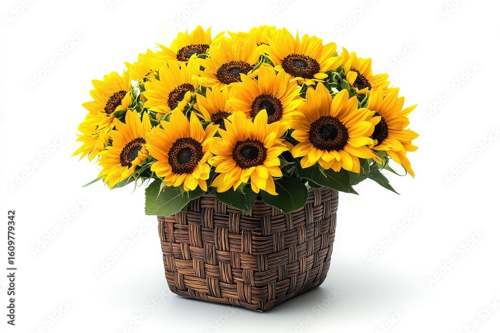 Obraz premium Fresh yellow sunflower blooms in a vase, isolated against a white background