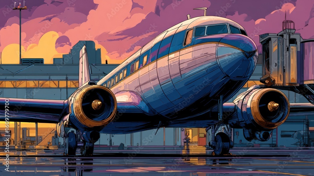 Fototapeta premium Retro airplane at sunset airport
