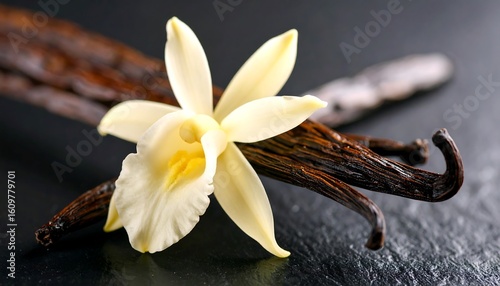 Close-up of vanilla orchid and beans