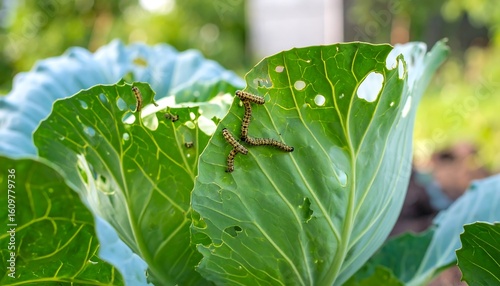 Caterpillars damage cabbage leaf