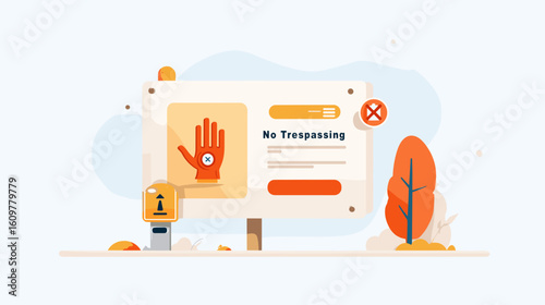 Warning sign depicting no trespassing with lock and autumn scenery  