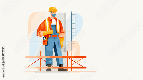 Construction worker standing on scaffolding with tools in hand  