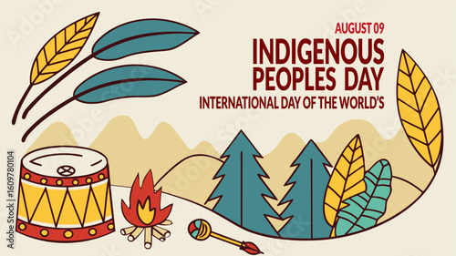 International Day of the World's Indigenous Peoples with Tribal Drum, Leaves, Fire and Cultural Symbols in Warm Earth Tones