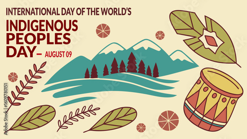 International Day of the World's Indigenous Peoples Celebrated with Nature, Mountain, Drums and Cultural Leaf Elements