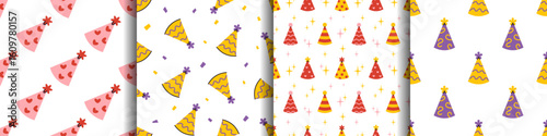 Vector seamless pattern collection with happy birthday party hats. Funny cartoon caps backgrounds in festive design. Seamless prints for celebration, decoration or wrapping paper.