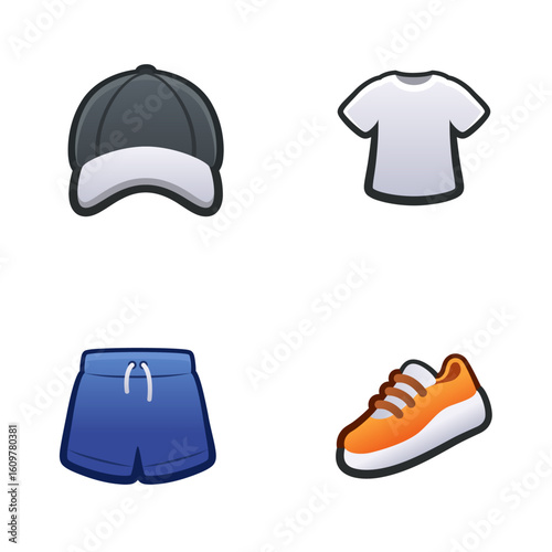 Clothes icon set. Isolated vector illustration of mobile game sprites. Design for stickers, logo, mobile app. Arcade or match 3 2d graphics game asset. Flat 3d item sprites sheet.