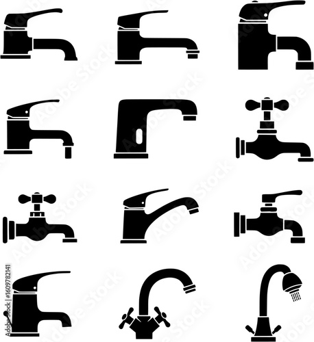 Set of Black Faucets and Taps Icons