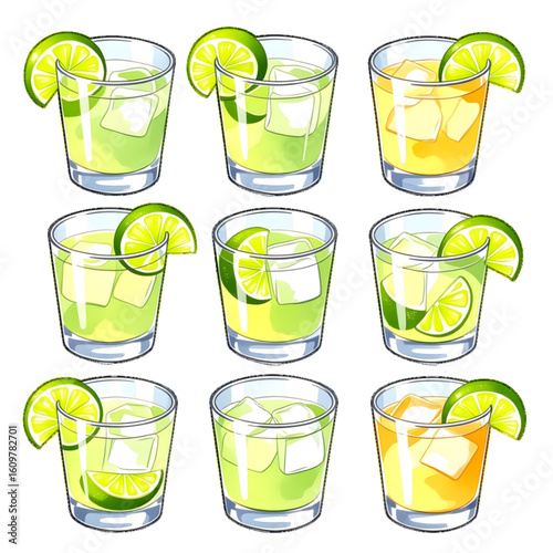 set of icons Refreshing Lemonade cocktails in Modern Glasses