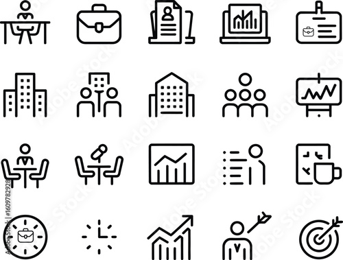 Collection of modern business and office icons in a clean line art style